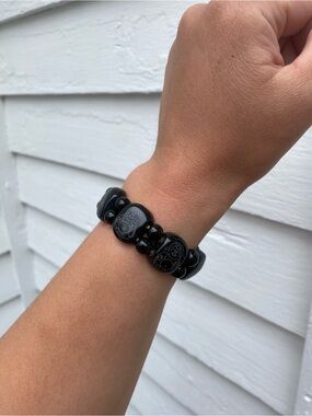 Black Stone Bead Buddha Stretch Bracelet 6&1/2